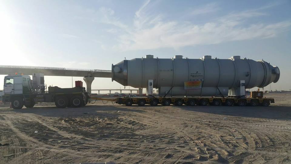 Al Sheikh Logistics & Heavy Equipment Rental (ASLR) handled transportation of 140 ton Brine Heater in Qatar, by 12 axle lines Hydraulic Modular Trailer, www.heavyliftphoto.com