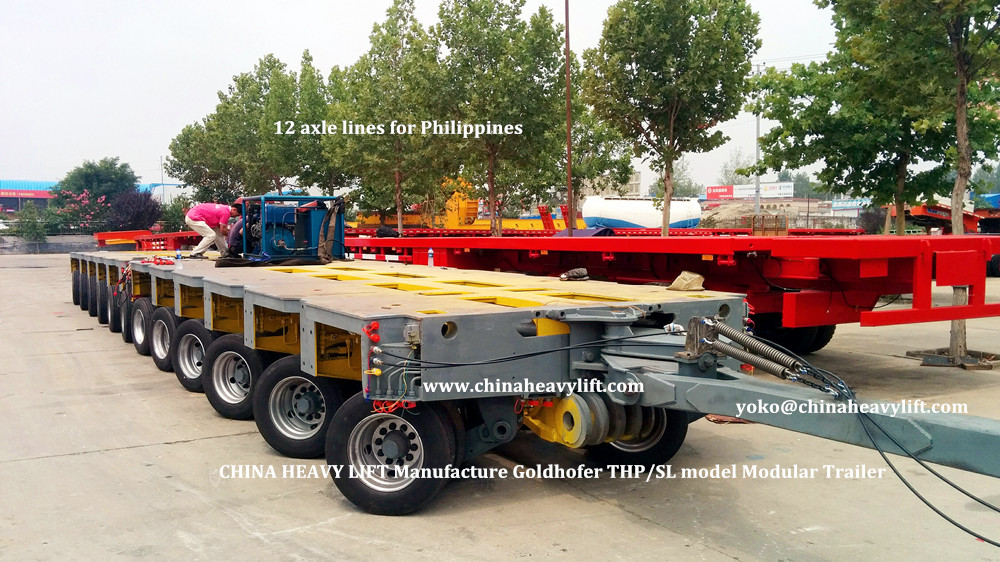 CHINA HEAVY LIFT manufacture 20 axle line Goldhofer THP/SL hydraulic Modular Trailer multi axles and 180 ton drop deck After sales service in Manila Philippines, www.chinaheavylift.com