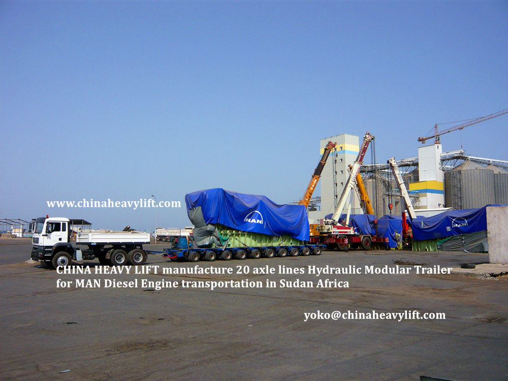CHINA HEAVY LIFT manufacture 20 axle lines Modular Trailer Hydraulic multi axle for MAN Diesel Engine transportation in Sudan Africa, www.chinaheavylift.com