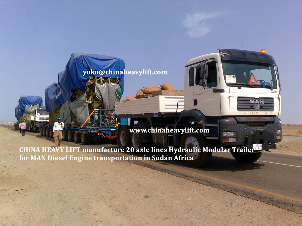 CHINA HEAVY LIFT manufacture 20 axle lines Modular Trailer Hydraulic multi axle for MAN Diesel Engine transportation in Sudan Africa, www.chinaheavylift.com