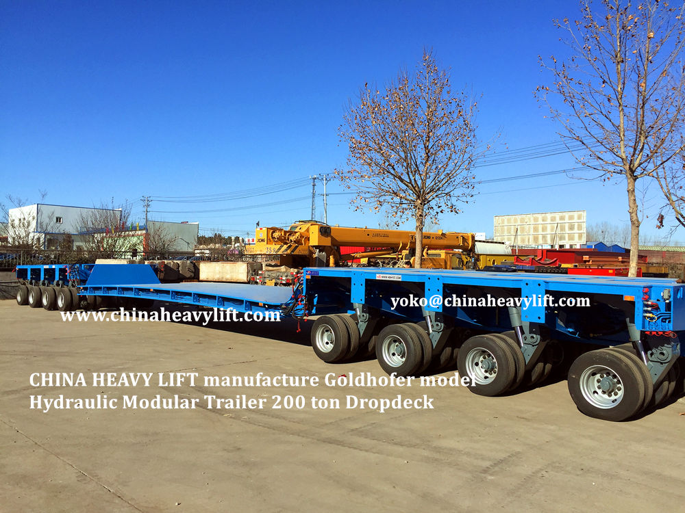 Chinaheavylift manufacture 200 ton Dropdeck and 20 axle lines Goldhofer THP/SL model Hydraulic Modular platform Trailer for Malaysia, www.chinaheavylift.com