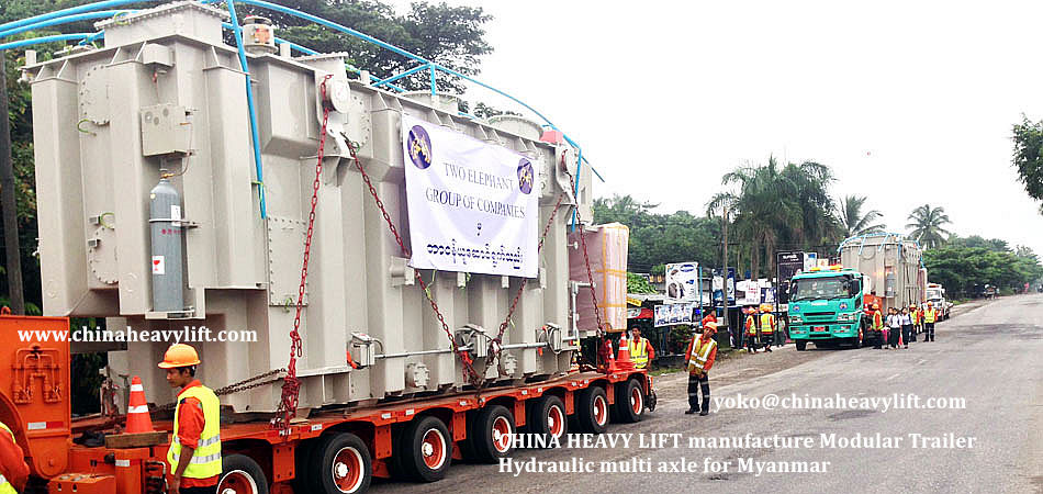 Chinaheavylift manufacture 26 axle lines Modular Trailer (Hydraulic multi axle trailer) to transport Transformer in Myanmar, www.chinaheavylift.com